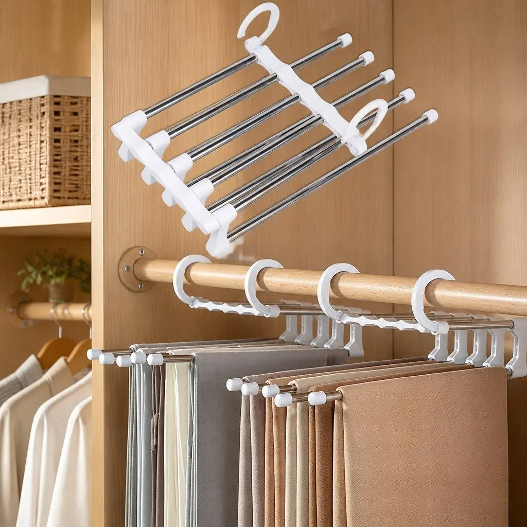Pants Hangers Stainless Steel Adjustable 5-in-1 Non-Slip Closet Storage 4 Pack