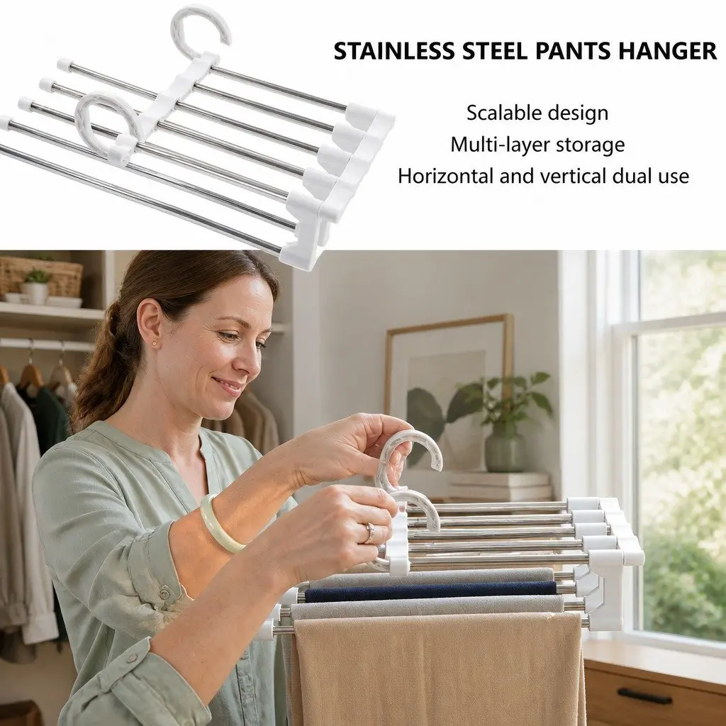 Pants Hangers Stainless Steel Adjustable 5-in-1 Non-Slip Closet Storage 4 Pack
