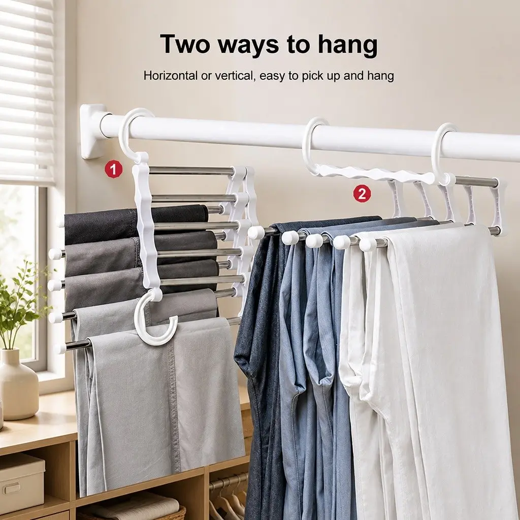 Pants Hangers Stainless Steel Adjustable 5-in-1 Non-Slip Closet Storage 4 Pack