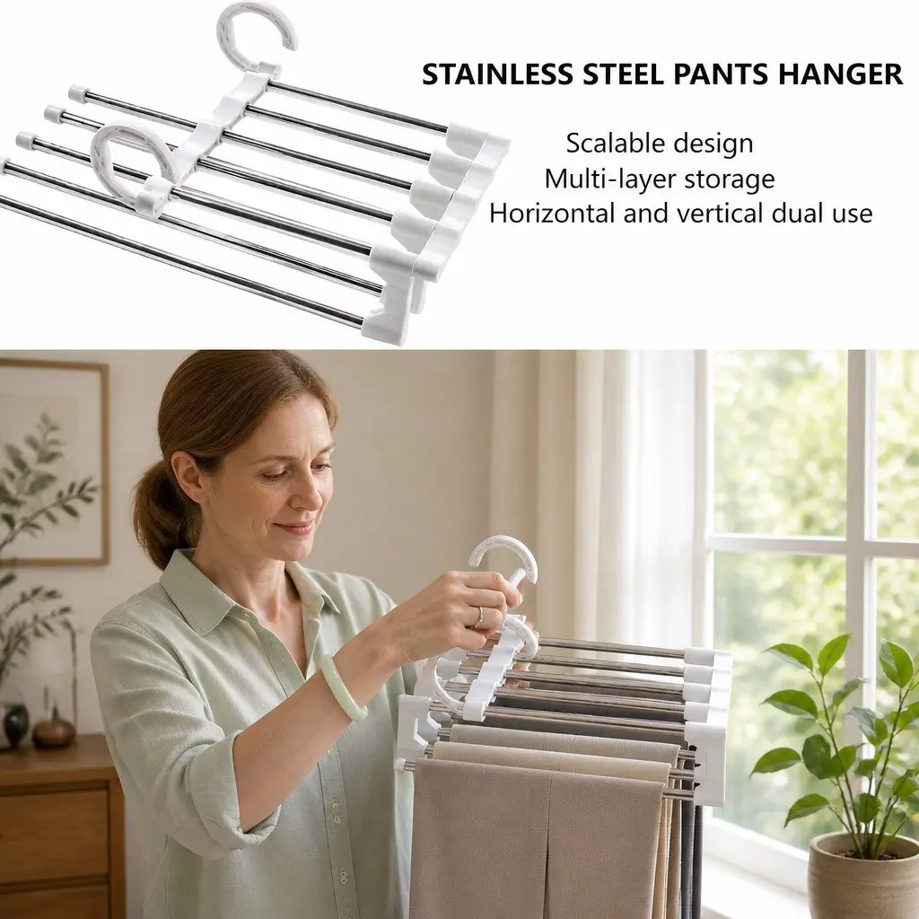 Pants Hangers Stainless Steel Adjustable 5-in-1 Non-Slip Space Saving 6 Piece