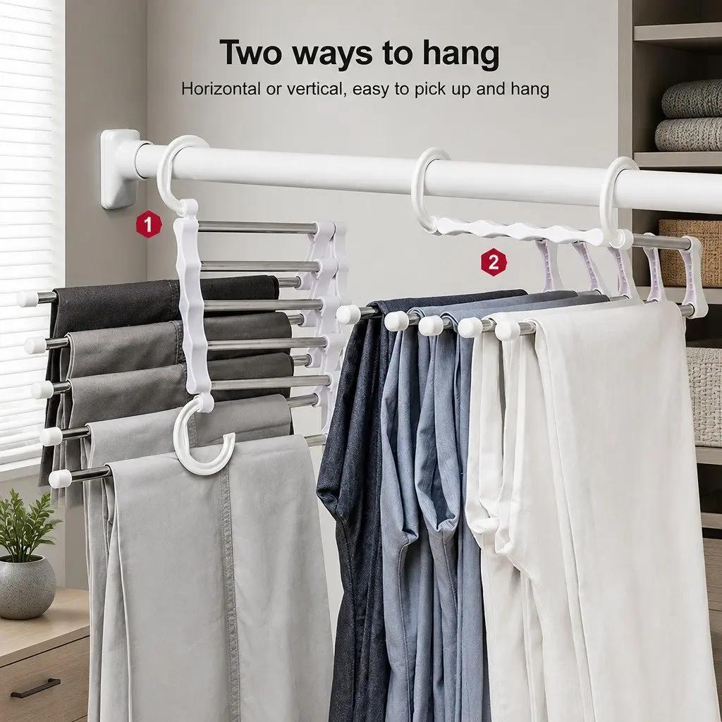Pants Hangers Stainless Steel Adjustable 5-in-1 Non-Slip Space Saving 6 Piece