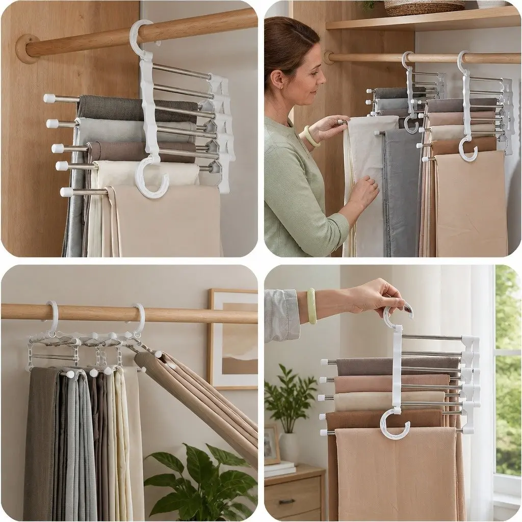Pants Hangers Stainless Steel Adjustable 5-in-1 Non-Slip Space Saving 6 Piece