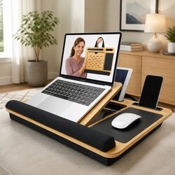 Bamboo Laptop Lap Desk Adjustable Angle Cushion Pad Stand Office Home Bed Sofa
