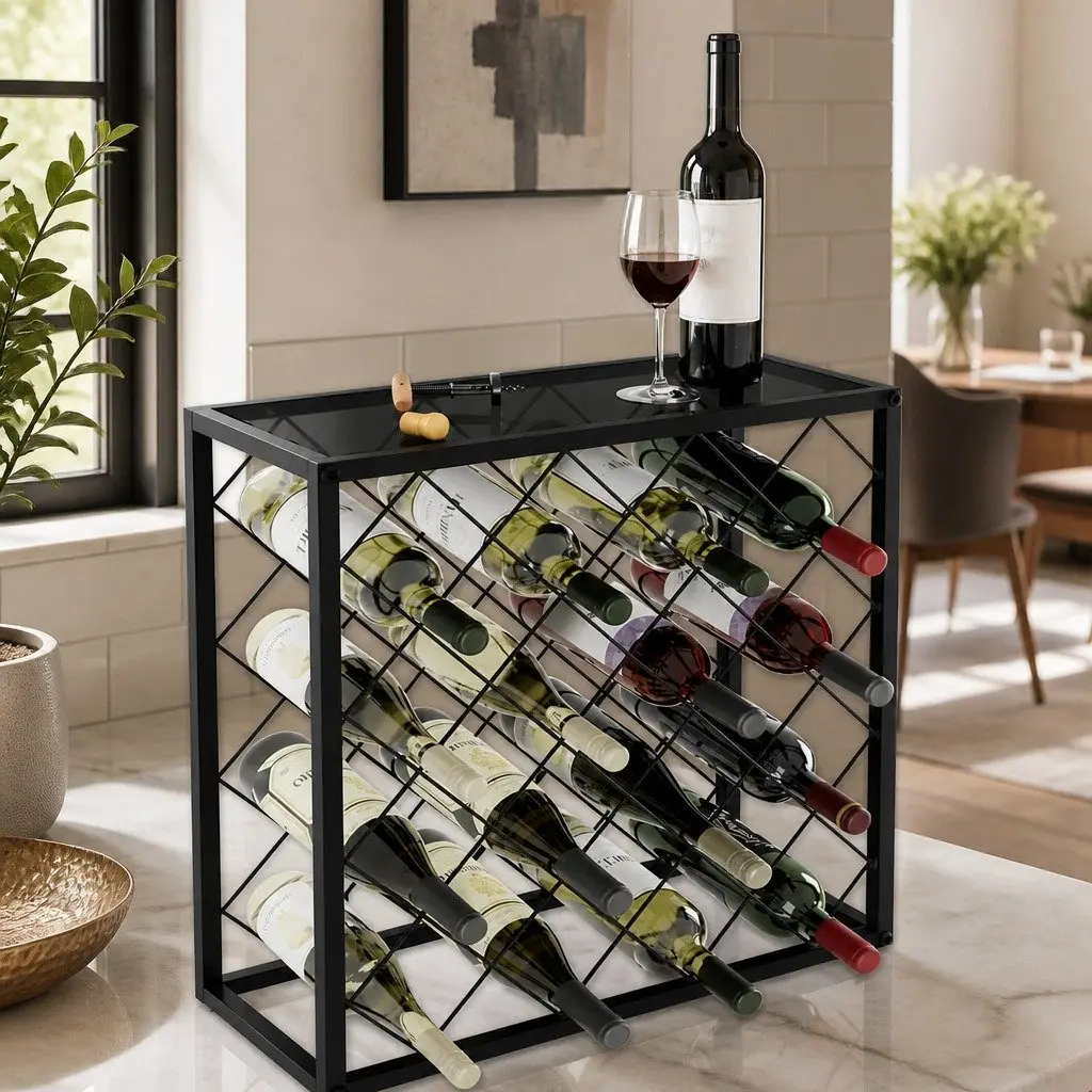 Metal Wine Rack Freestanding Steel 25 Bottle Capacity Matte Black