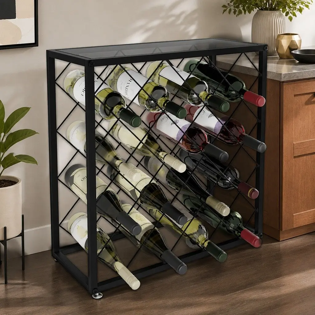 Metal Wine Rack Freestanding Steel 25 Bottle Capacity Matte Black