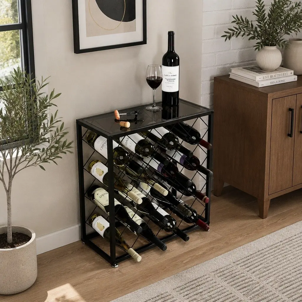 Metal Wine Rack Freestanding Steel 25 Bottle Capacity Matte Black