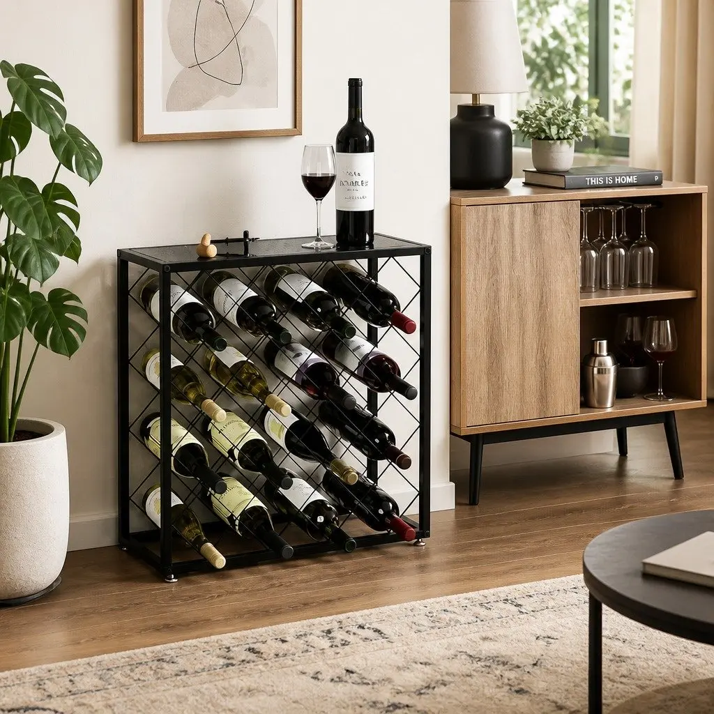 Metal Wine Rack Freestanding Steel 25 Bottle Capacity Matte Black
