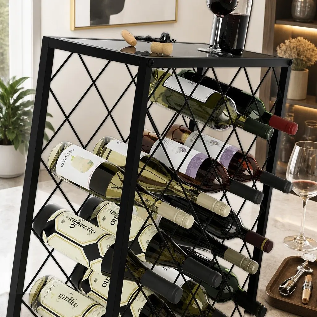 Metal Wine Rack Freestanding Steel 25 Bottle Capacity Matte Black