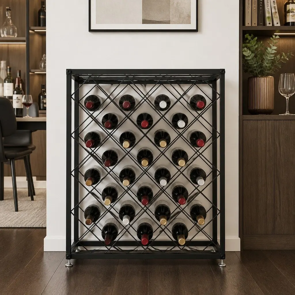 Metal Wine Rack Freestanding Steel 25 Bottle Capacity Matte Black