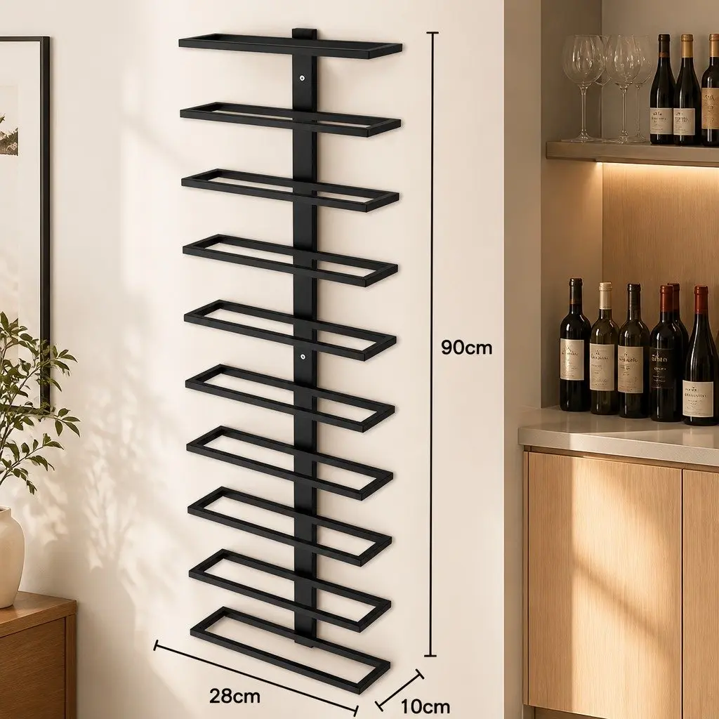 Metal Wall Mounted Wine Rack Holder 10 Bottle Storage Display Matte Black