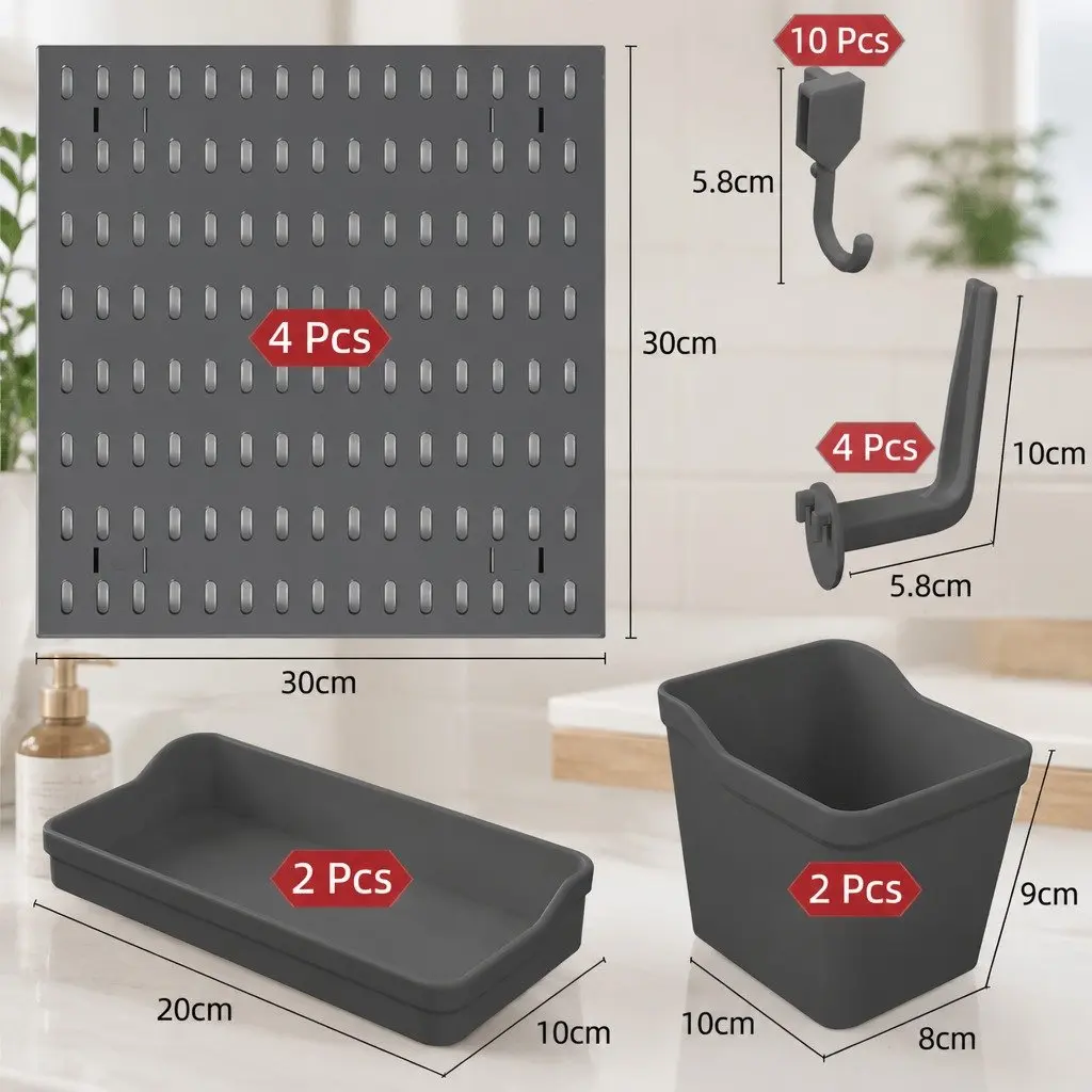 Pegboard Wall Organiser Kit Modular Storage Set 4 Panels 18 Accessories 30x30cm White