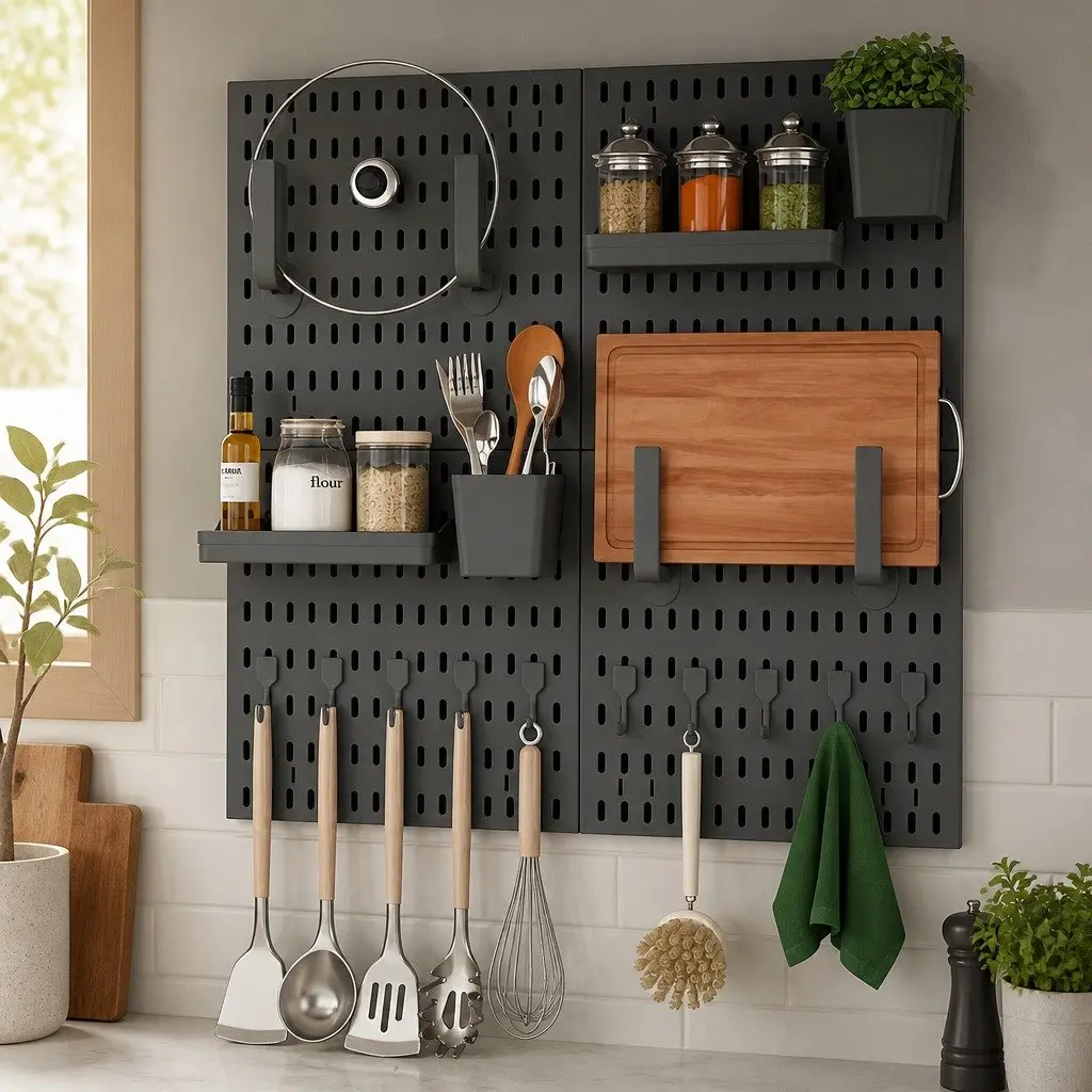 Pegboard Wall Organiser Kit Modular Storage Set 4 Panels 18 Accessories 30x30cm White