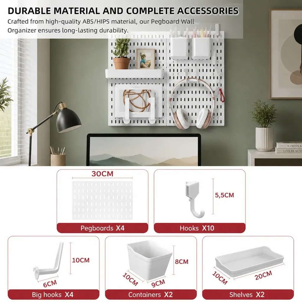 Pegboard Combination Kit Modular Wall Organiser 4 Pegboards 18 Accessories ABS Plastic 30cm Square