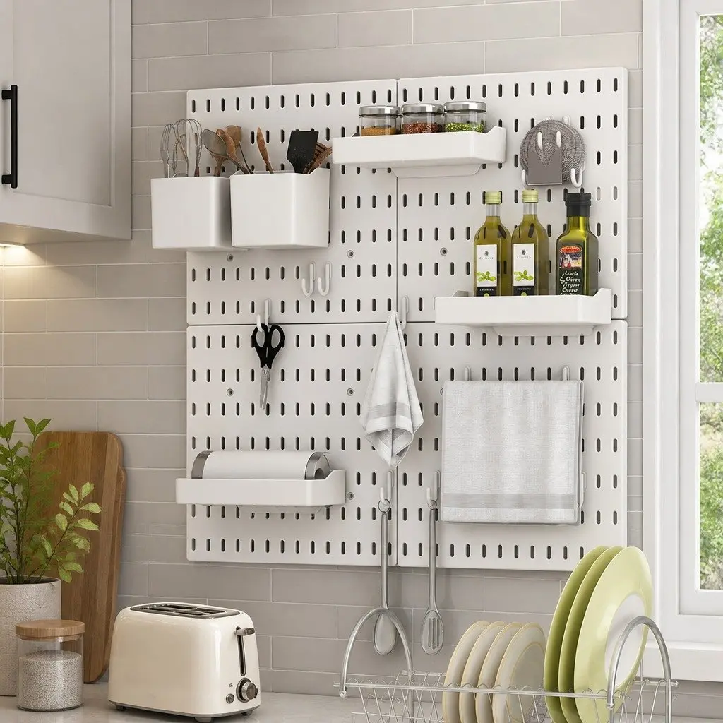 Pegboard Combination Kit Modular Wall Organiser 4 Pegboards 18 Accessories ABS Plastic 30cm Square