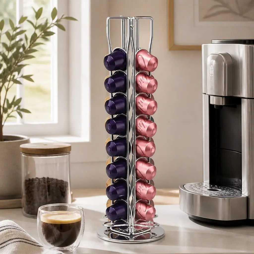 Coffee Pods Holder Carousel Storage Organiser Iron 37.5cm Chrome Plated
