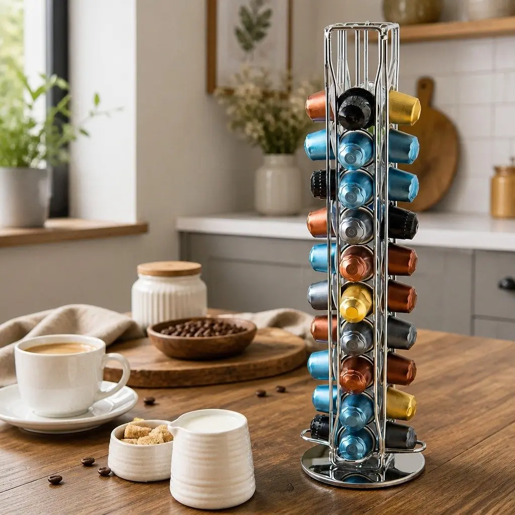 Coffee Pods Holder Carousel Storage Organiser Iron 37.5cm Chrome Plated