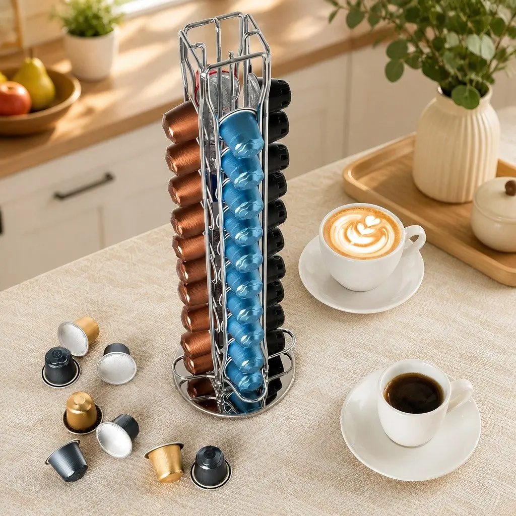 Coffee Pods Holder Carousel Storage Organiser Iron 37.5cm Chrome Plated