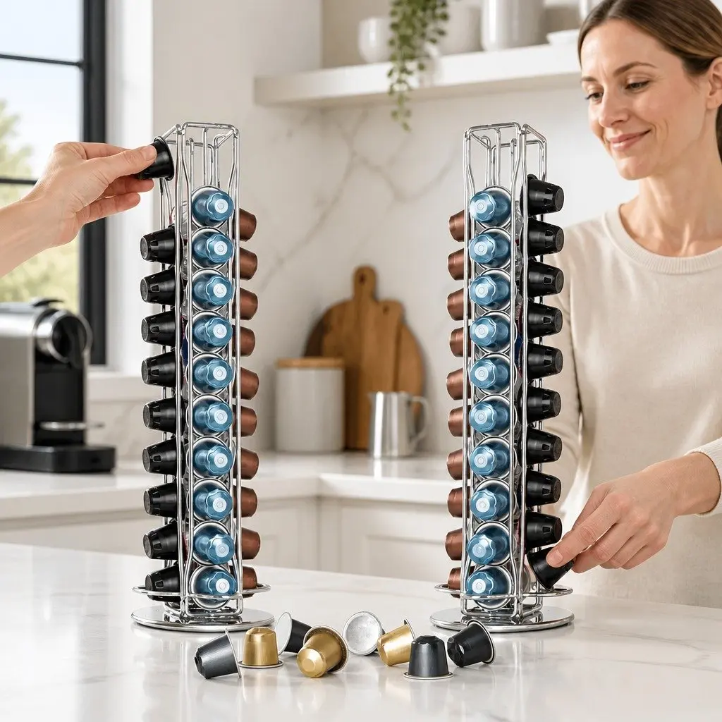 Coffee Pods Holder Carousel Storage Organiser Iron 37.5cm Chrome Plated