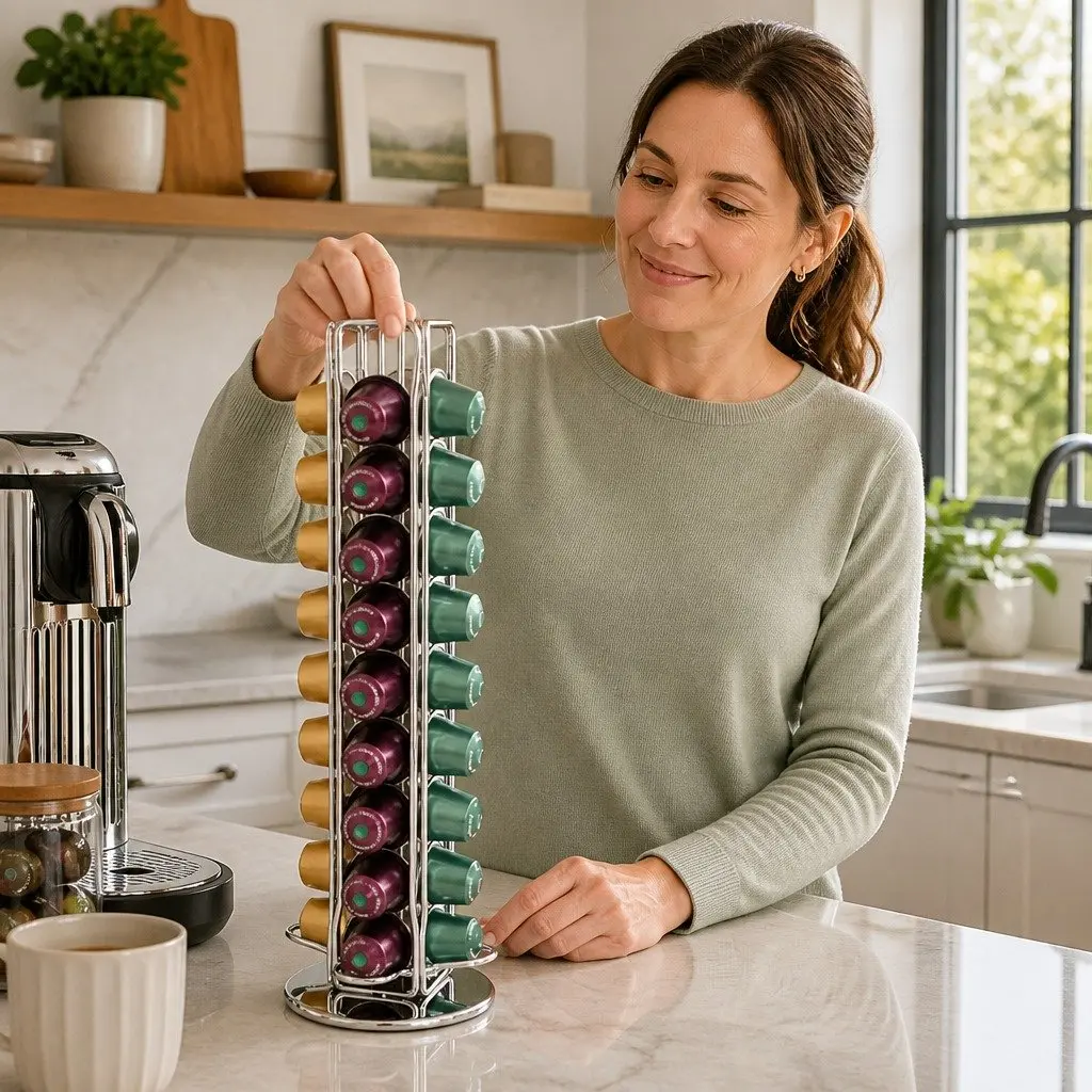 Coffee Pods Holder Carousel Storage Organiser Iron 37.5cm Chrome Plated
