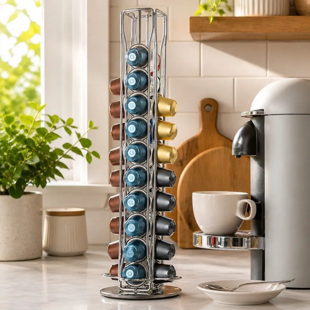 Coffee Pods Holder Carousel Storage Organiser Iron 37.5cm Chrome Plated