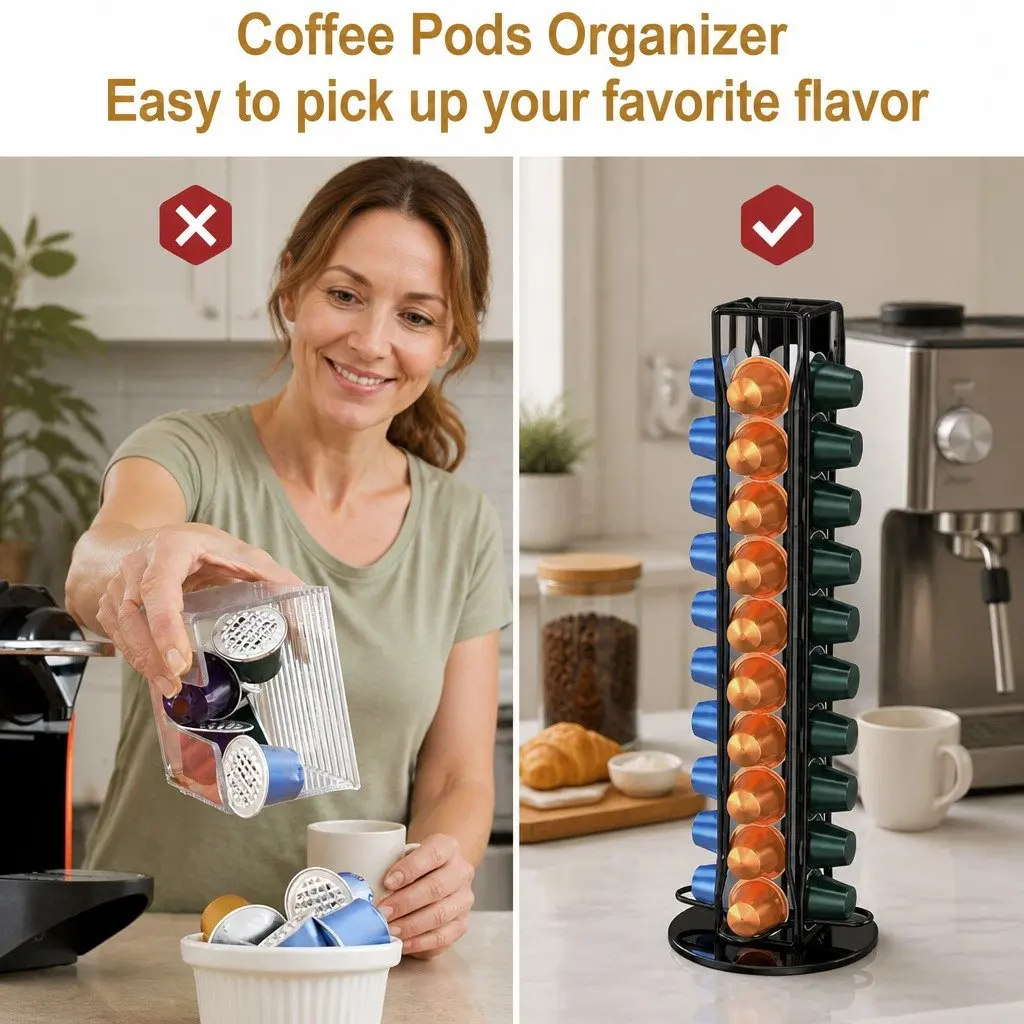 Coffee Pods Holder Storage Rotating Organiser Iron Chrome Plated 37.5 x 11.2 x 11.2 cm