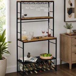 Wine Rack Freestanding 20 Bottle Storage Wood Countertop Metal Frame Kitchen Bar