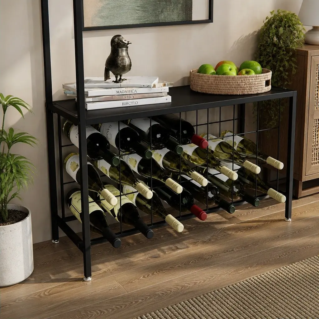 Wine Rack Freestanding Metal Frame Wooden Countertop 20 Bottle Storage Kitchen Bar