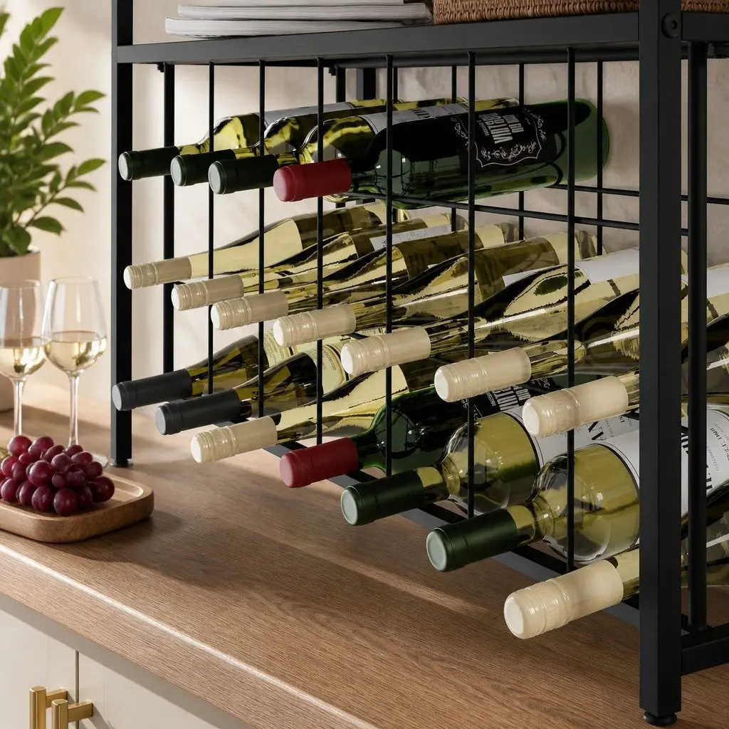Wine Rack Freestanding Metal Frame Wooden Countertop 20 Bottle Storage Kitchen Bar