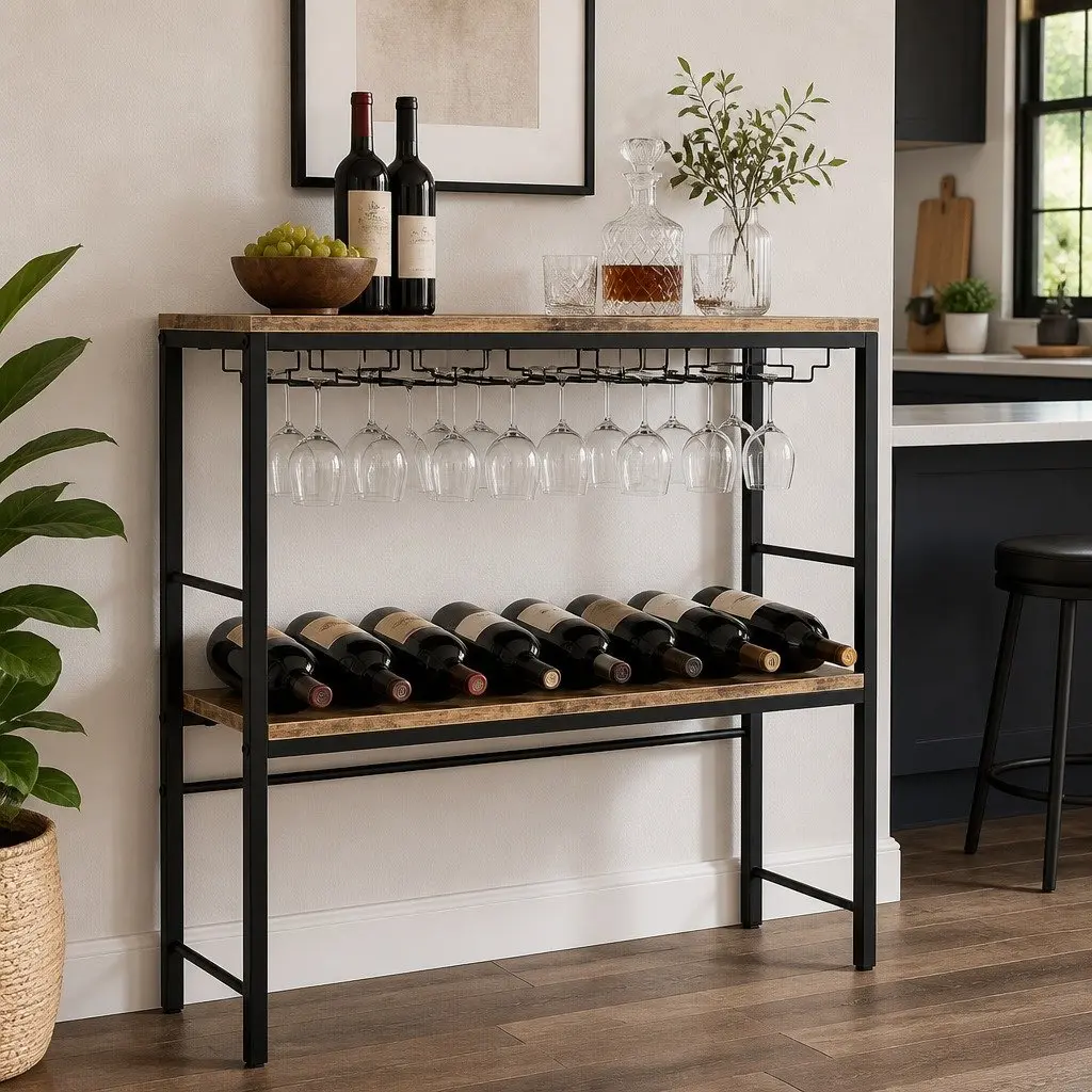 Wine Rack Freestanding Metal Frame Wooden Countertop 20 Bottle Storage Kitchen Bar
