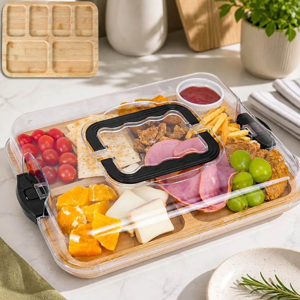 Bamboo Charcuterie Board Serving Tray with Lid Handle 6 Compartments Natural 28x36x8 cm