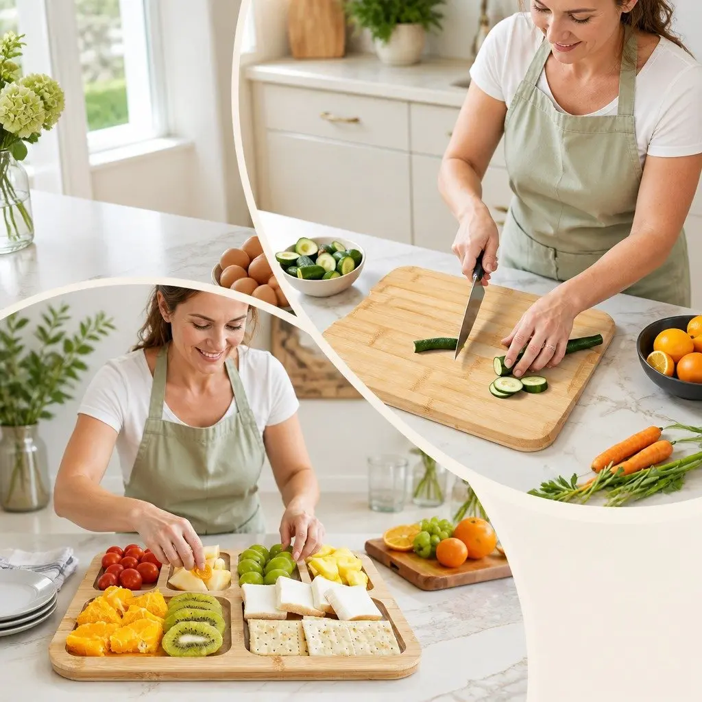 Bamboo Charcuterie Board Serving Tray with Lid Handle 6 Compartments Natural 28x36x8 cm