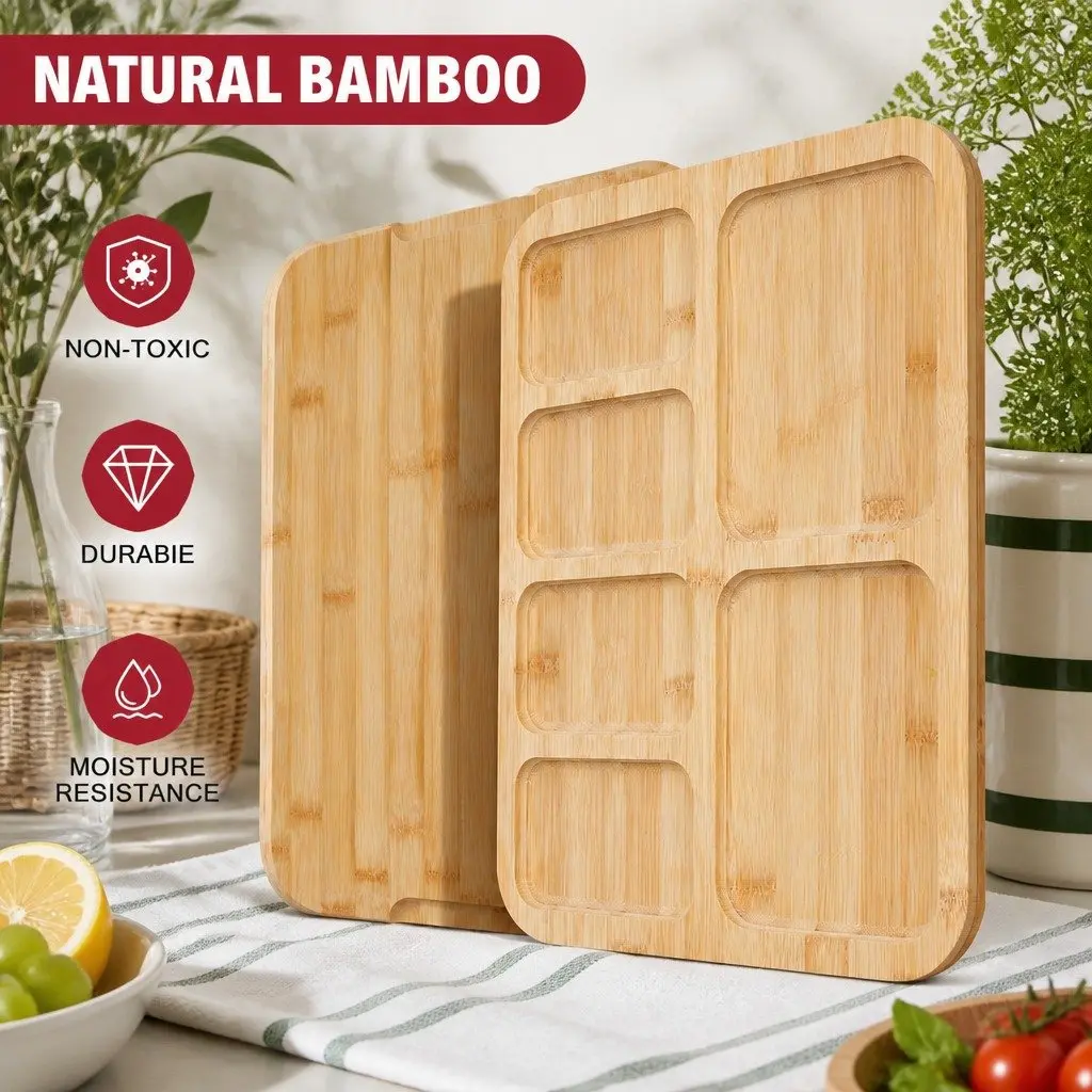 Bamboo Charcuterie Board Serving Tray with Lid Handle 6 Compartments Natural 28x36x8 cm