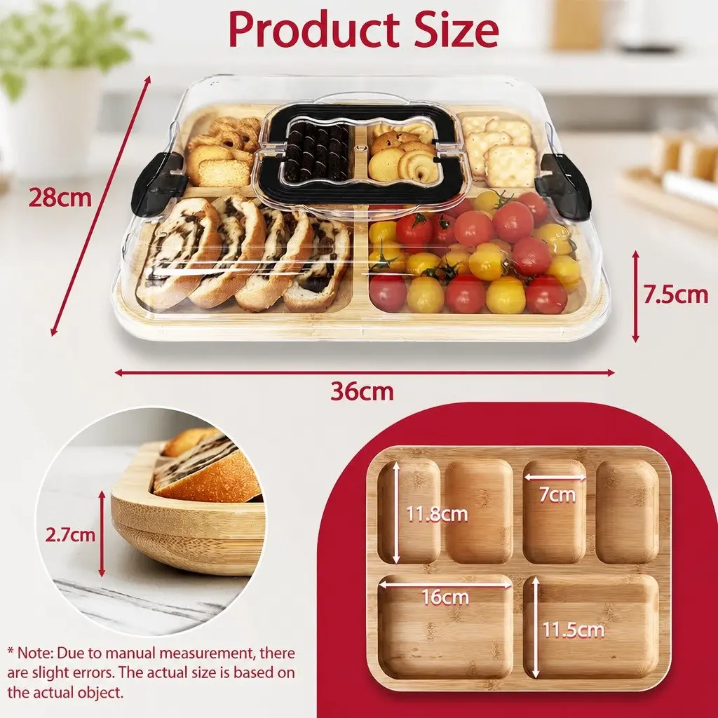 Bamboo Charcuterie Board Serving Tray with Lid Handle 6 Compartments Natural 28x36x8 cm