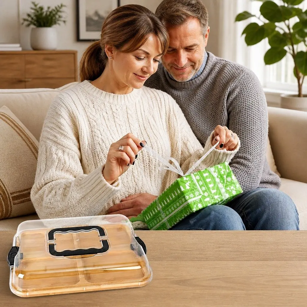 Bamboo Charcuterie Board Serving Tray with Lid Handle 6 Compartments Natural 28x36x8 cm