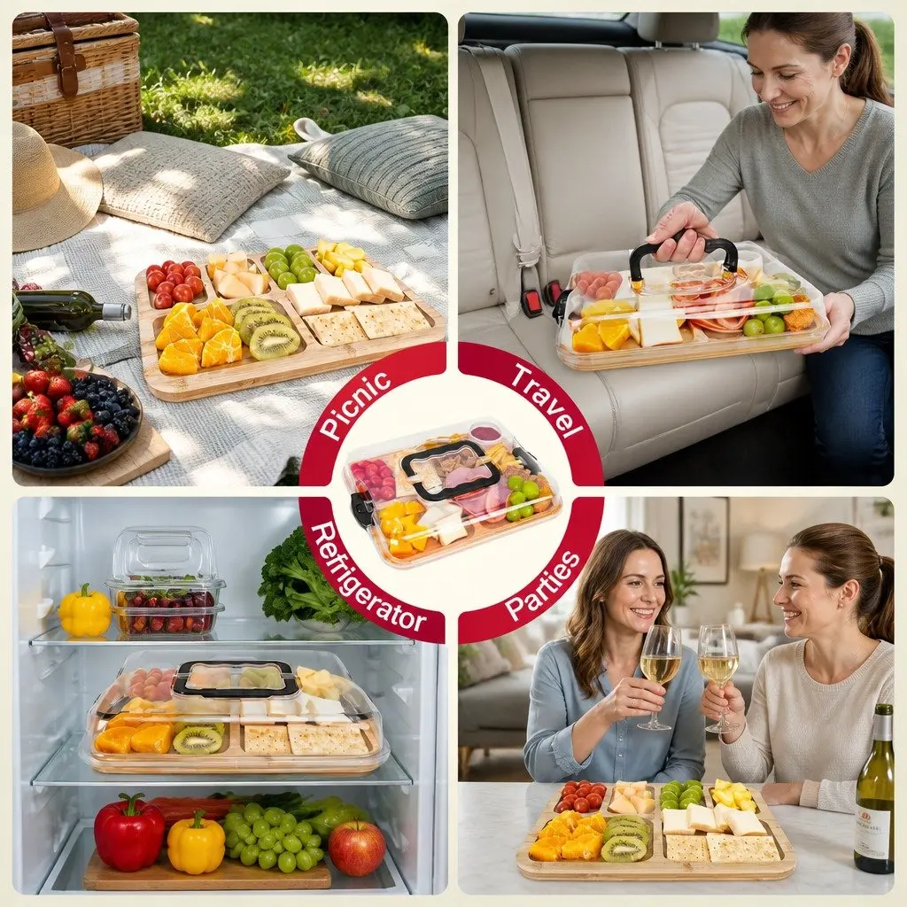 Bamboo Charcuterie Board Serving Tray with Lid Handle 6 Compartments Natural 28x36x8 cm