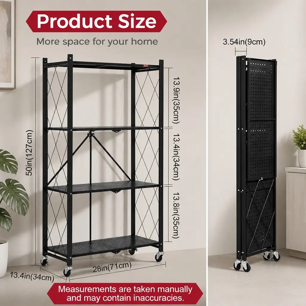 4 Tier Foldable Storage Shelf Black Metal with Wheels 34x127x71cm for Kitchen Garage Pantry Basement