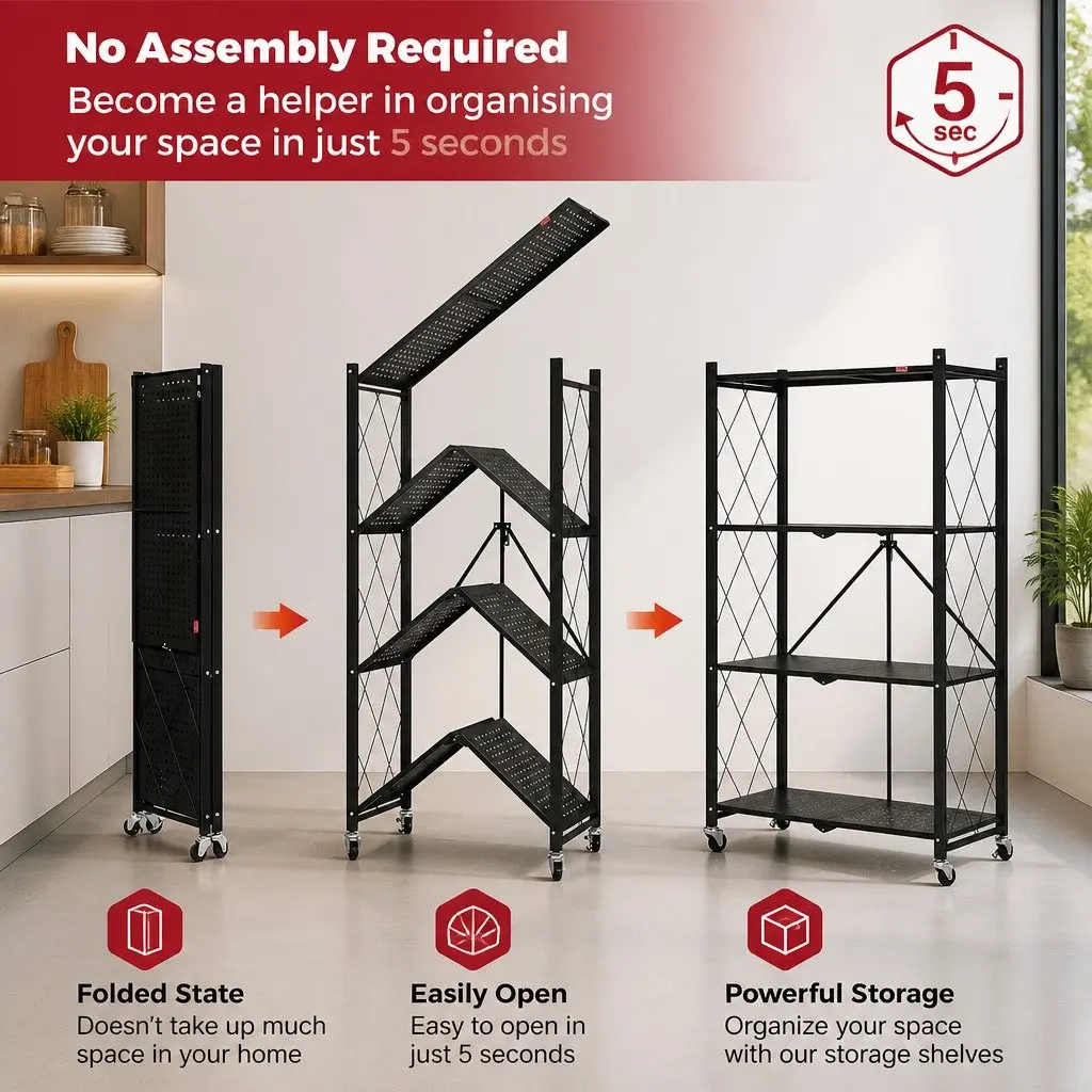 4 Tier Foldable Storage Shelf Black Metal with Wheels 34x127x71cm for Kitchen Garage Pantry Basement