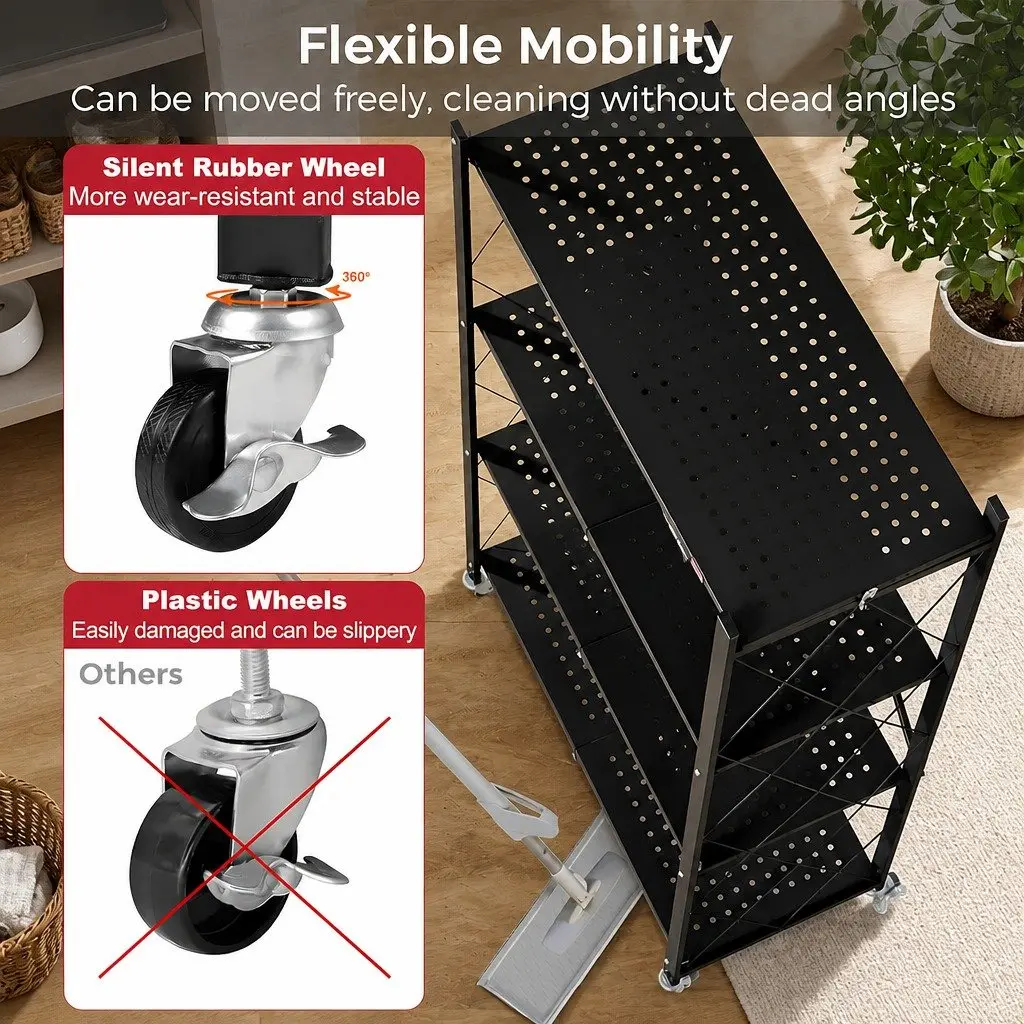 4 Tier Foldable Storage Shelf Black Metal with Wheels 34x127x71cm for Kitchen Garage Pantry Basement