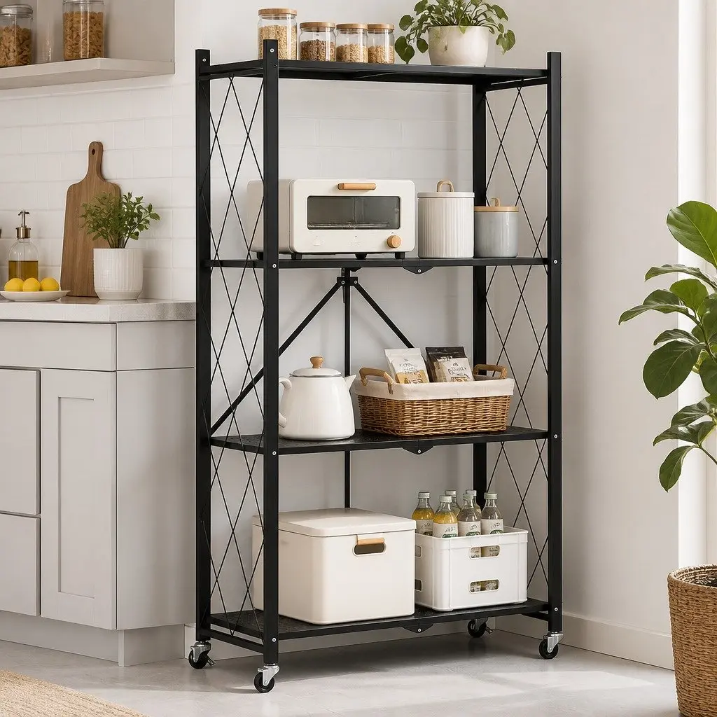 4 Tier Foldable Storage Shelf Black Metal with Wheels 34x127x71cm for Kitchen Garage Pantry Basement