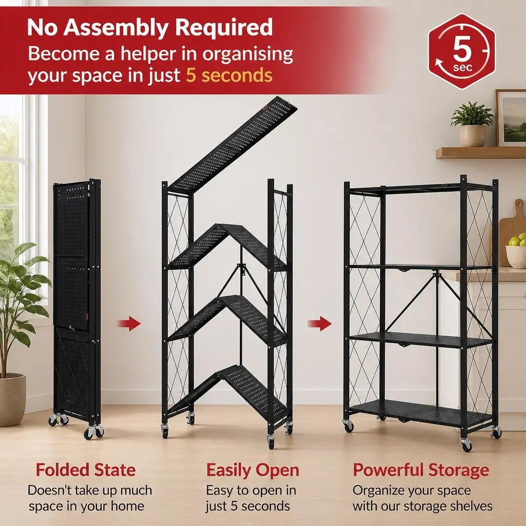 5-Tier Foldable Storage Shelf Metal Black