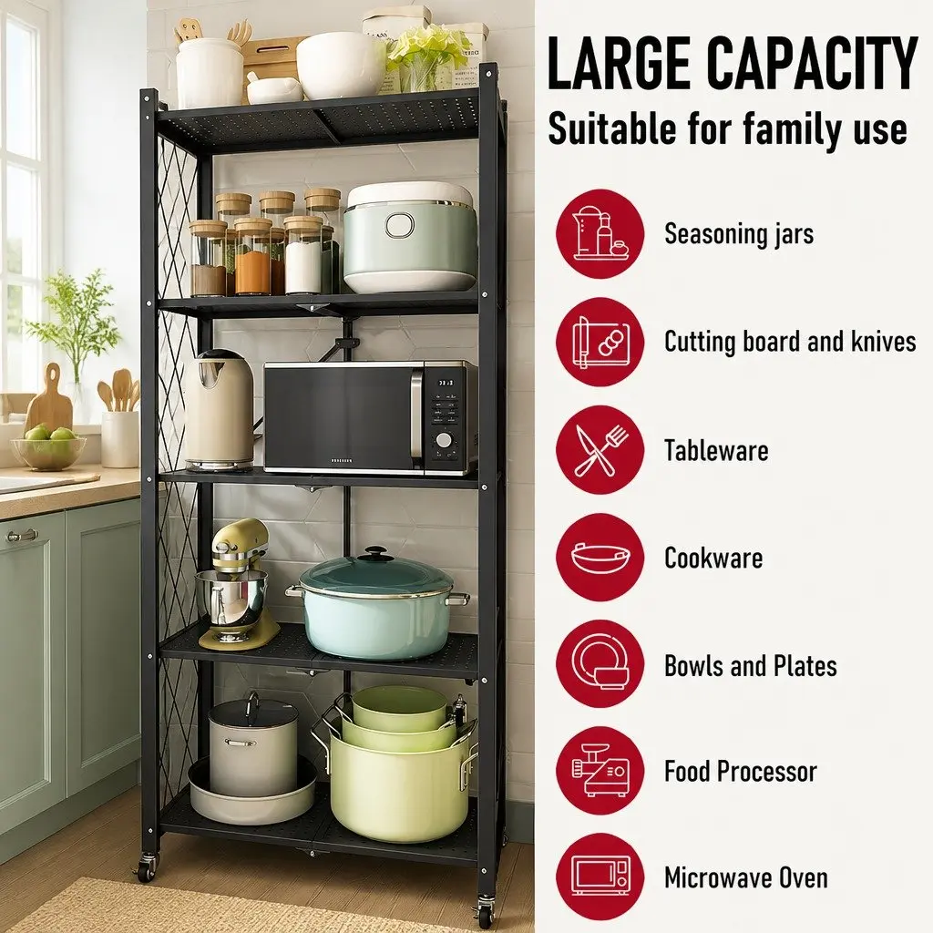 5-Tier Foldable Storage Shelf Metal Black