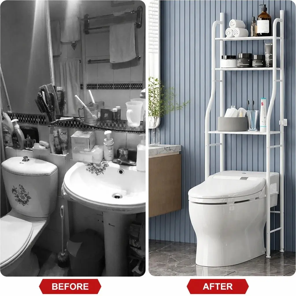 Over The Toilet Storage Rack Steel 3-Tier Organizer with Hooks and Paper Holder 23 x 155 x 47 cm