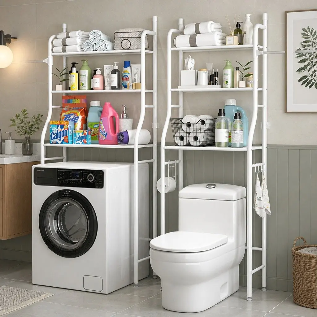 Over The Toilet Storage Rack Steel 3-Tier Organizer with Hooks and Paper Holder 23 x 155 x 47 cm
