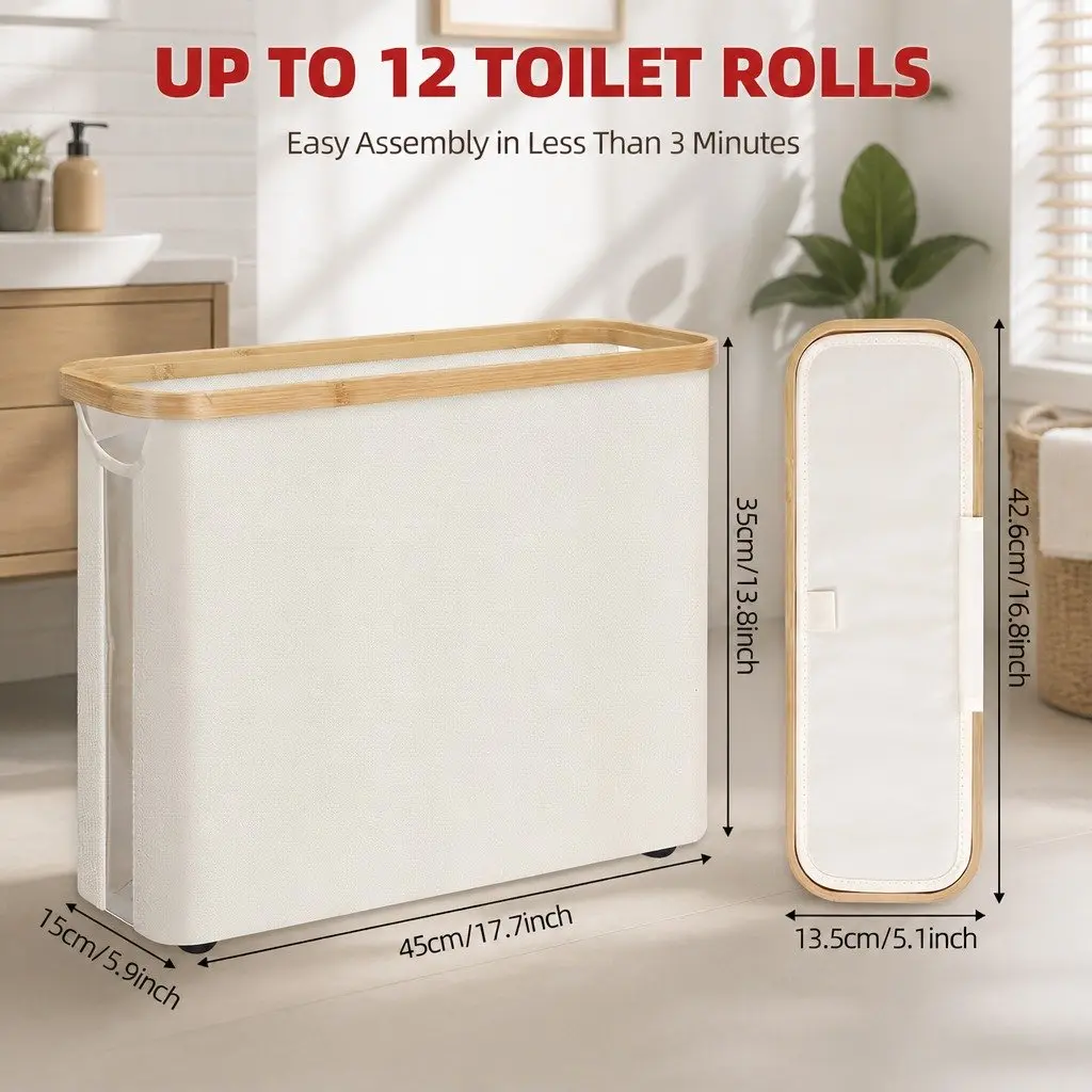 Toilet Paper Storage Basket Bamboo Frame Oxford Cloth White Compact Organizer