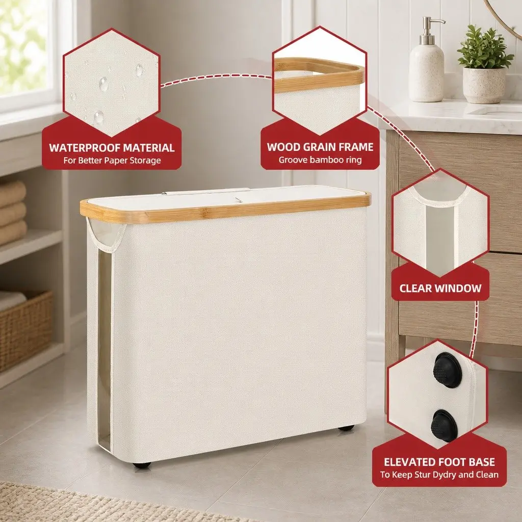 Toilet Paper Storage Basket Bamboo Frame Oxford Cloth White Compact Organizer