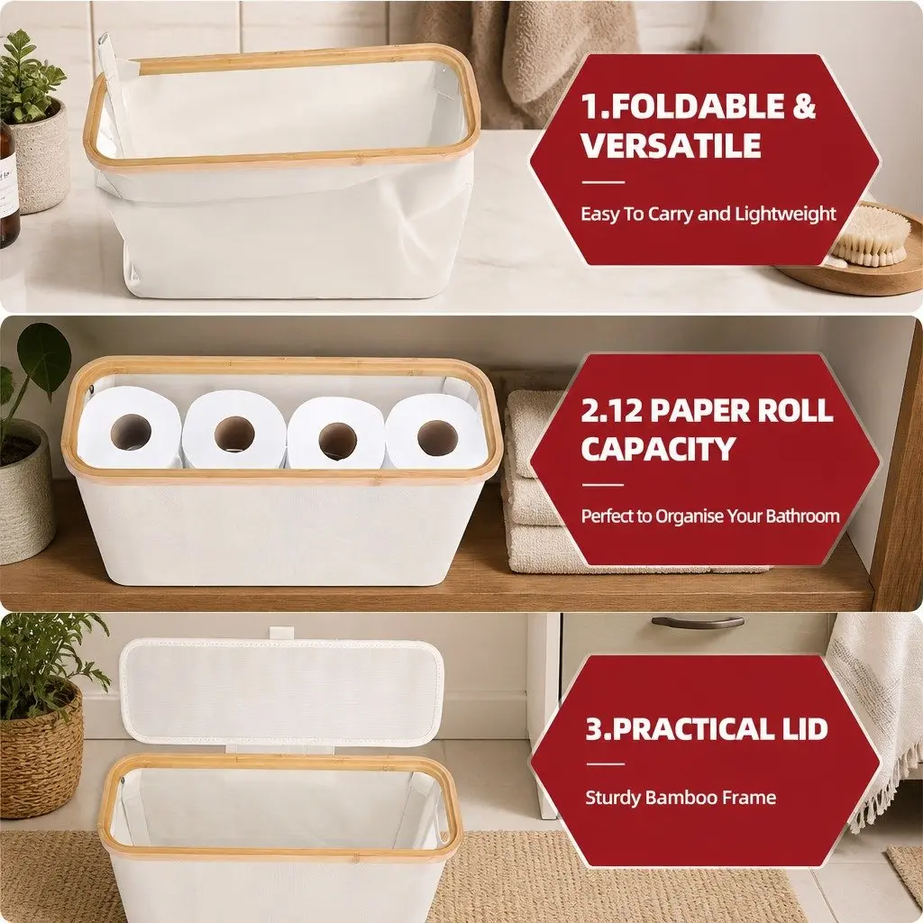 Toilet Paper Storage Basket Bamboo Frame Oxford Cloth White Compact Organizer