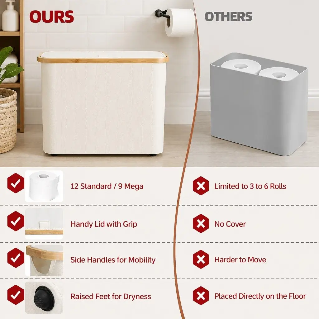 Toilet Paper Storage Basket Bamboo Frame Oxford Cloth White Compact Organizer