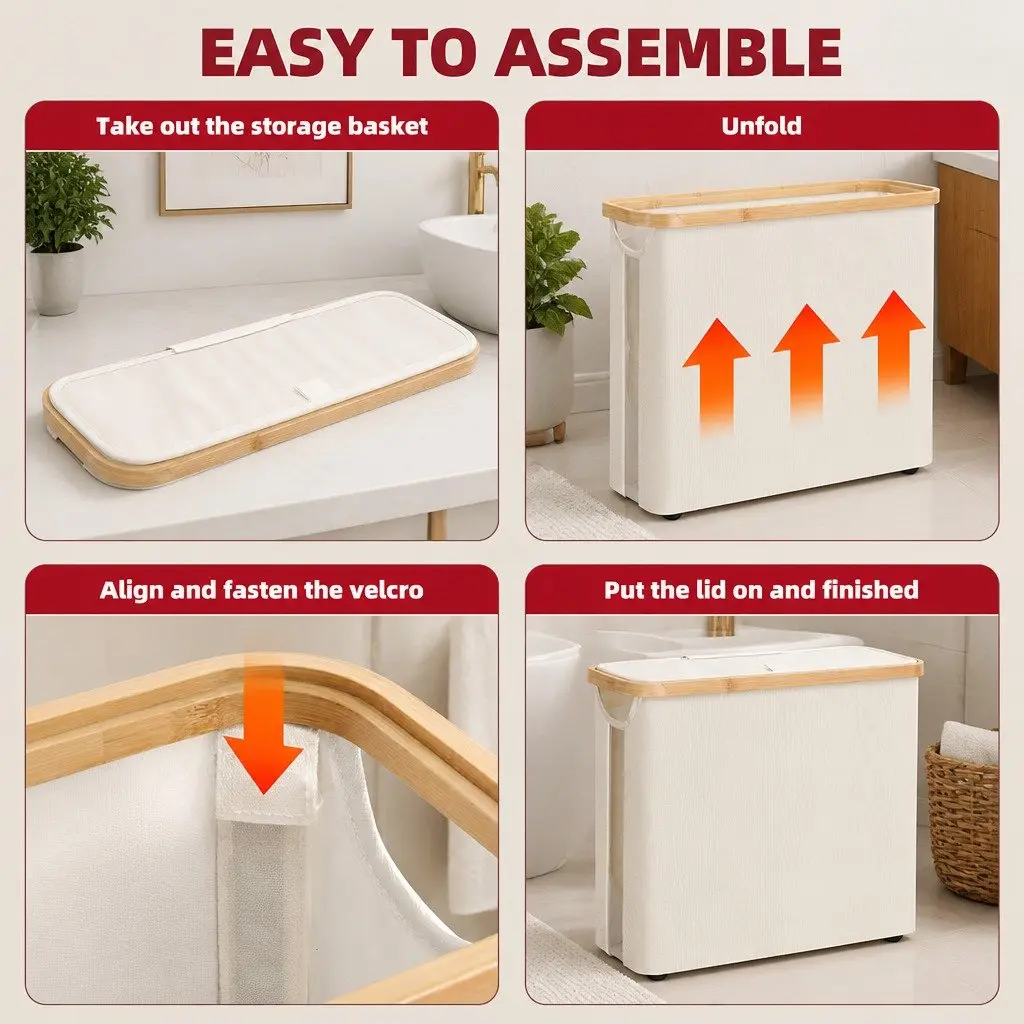 Toilet Paper Storage Basket Bamboo Frame Oxford Cloth White Compact Organizer