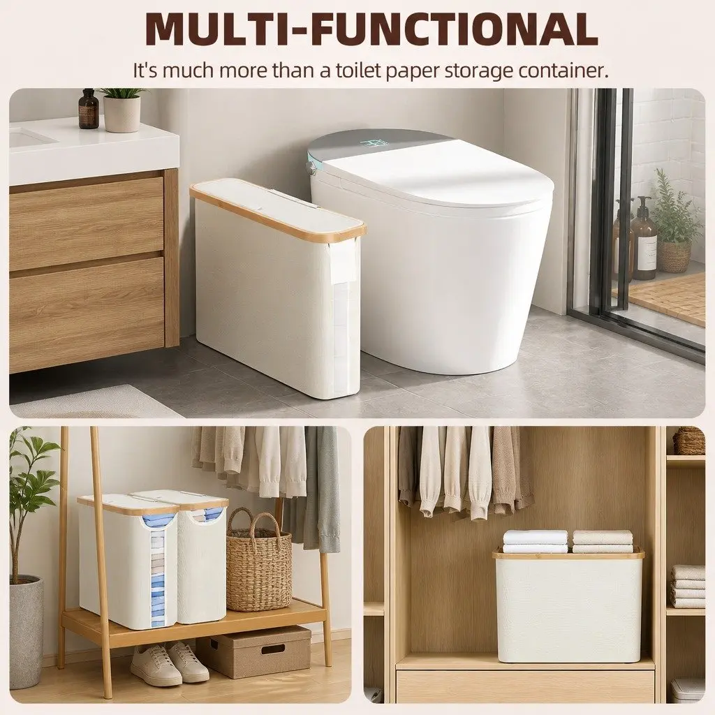 Toilet Paper Storage Basket Bamboo Frame Oxford Cloth White Compact Organizer