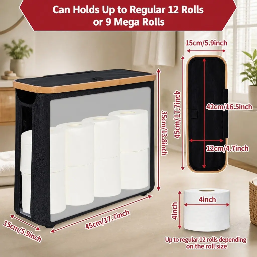 Toilet Paper Storage Basket Bamboo Frame Black 12 Roll Capacity